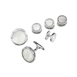 White Mother of Pearl Rivet Etch Sterling Cufflinks & Studs